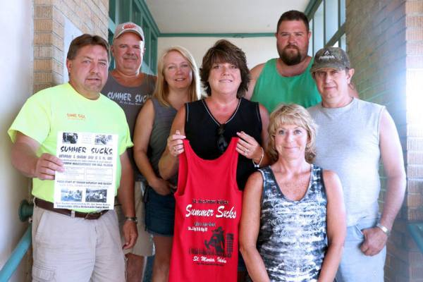 This crew doesn't need snow to enjoy their snowmobiles. The St. Joe Snow Riders' 6th Annual Summer Sucks Grass Drags are July 18 and 19. Those who help organize the event are Ken Schiermeister, Ward Morris, Kristi Reaves, Jodi Schiermeister, Jack Allman, Bonnie Morris and Rick Reaves. 